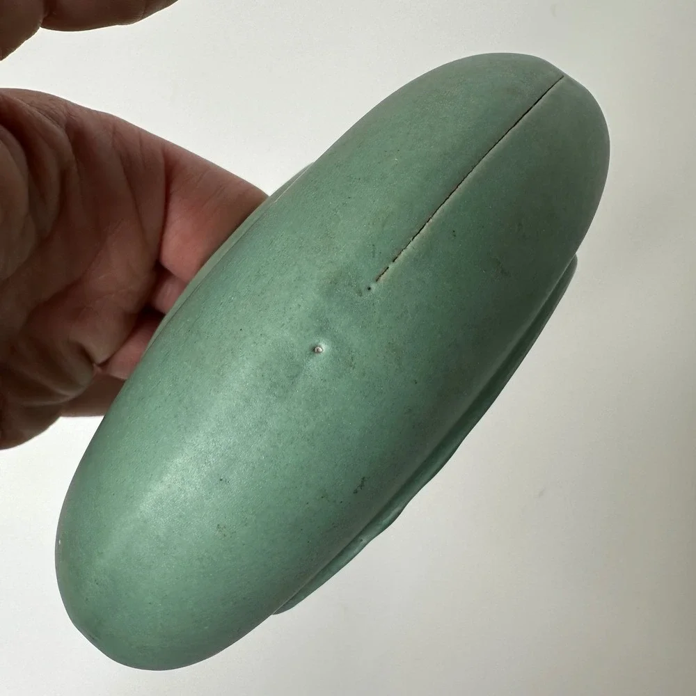 2 Art‎ Pottery Matte Green Low Profile Round Vases MCM Style Unmarked 2